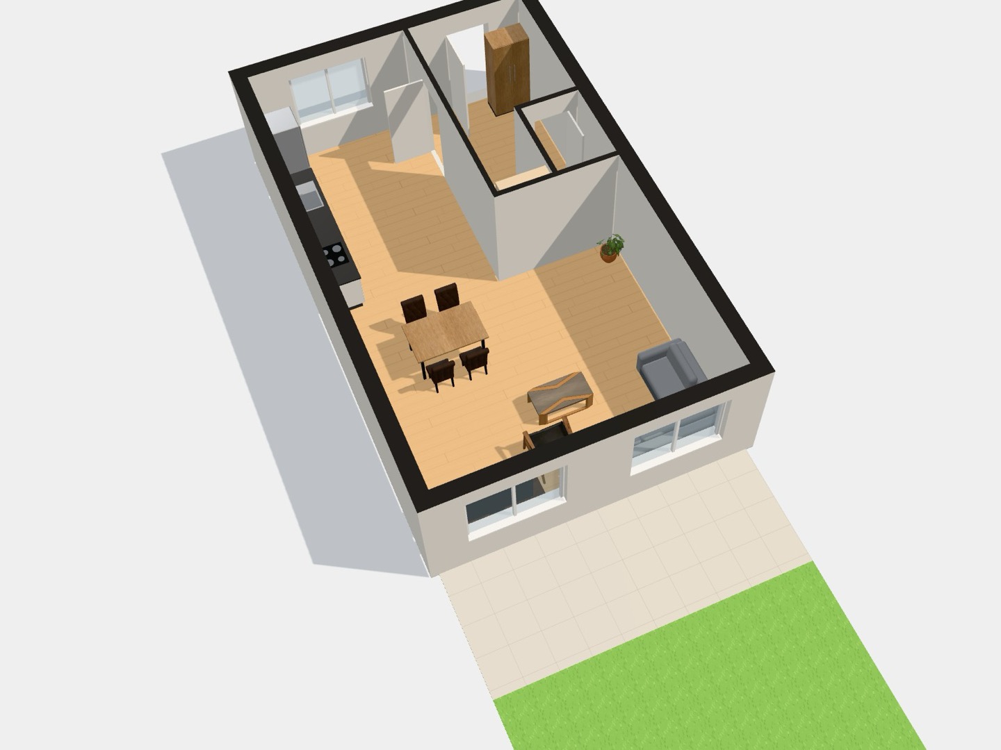 3D-weergave van dezelfde woning met eettafel, keuken, terras en tuin